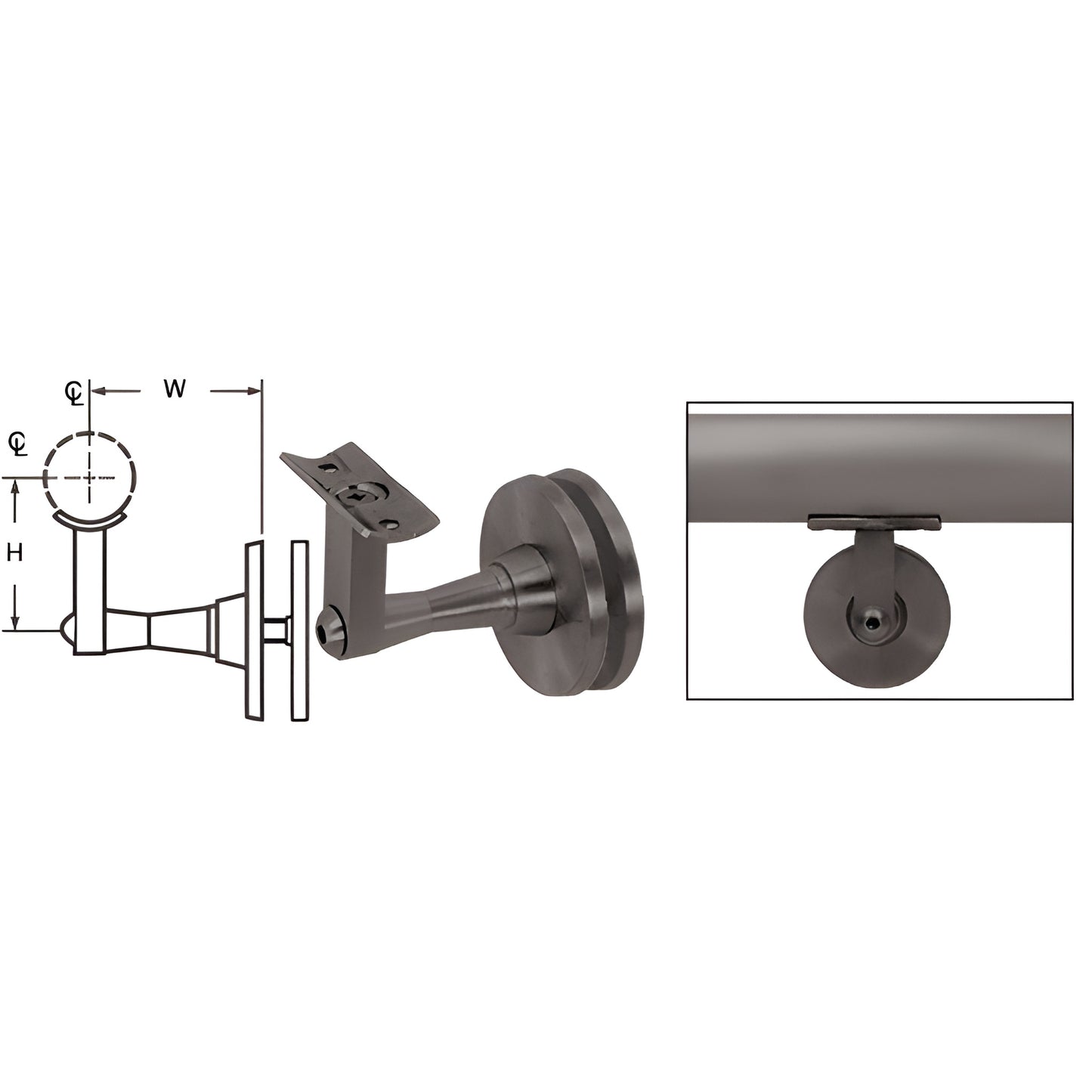 HR2SGDU black bronze glass-mounted adjustable handrail bracket, stainless steel, fits 1.5-2 in tubing, 2-7/8 in projection