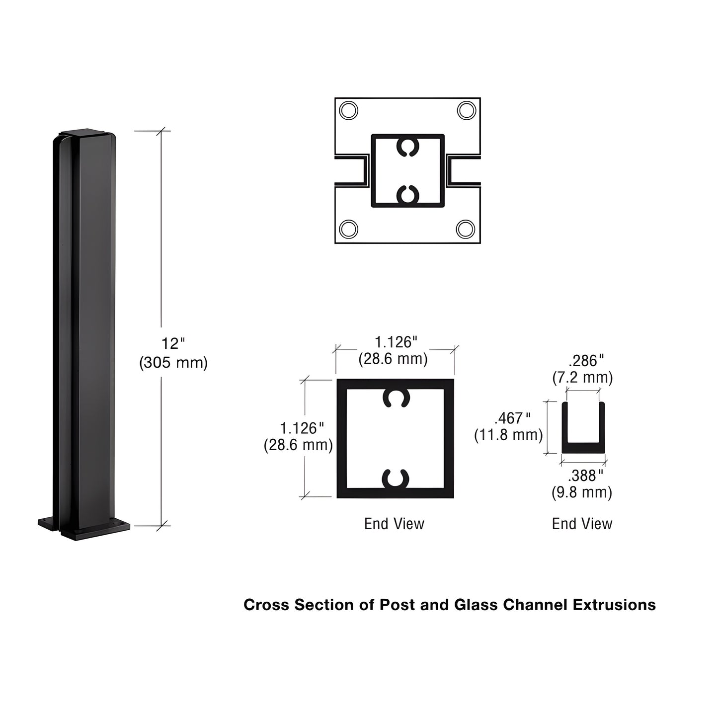 Dark bronze anodized 12 in aluminum square partition post with full-length U-channel for 1/4" glass and base plate