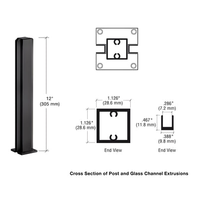 Dark bronze anodized 12 in aluminum square partition post with full-length U-channel for 1/4" glass and base plate