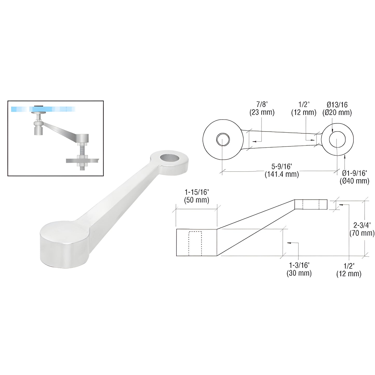 PMH1LBS stainless steel long arm fitting for glass railing, secures 27mm glass to end post; includes stud and hardware.