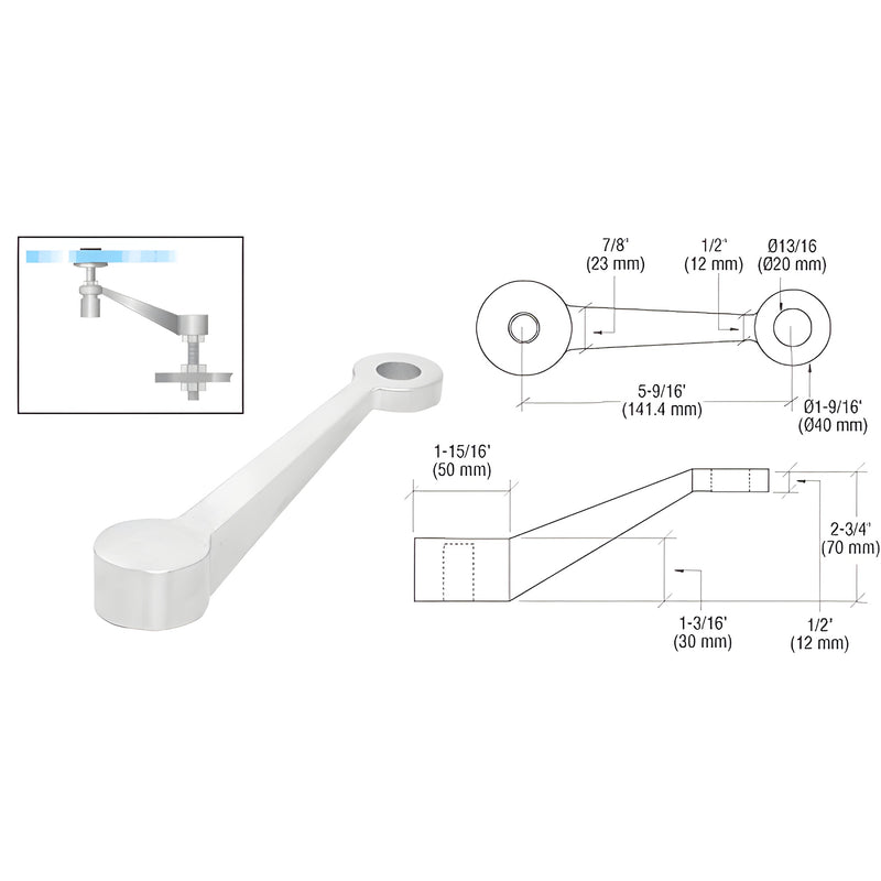 PMH1LBS stainless steel long arm fitting for glass railing, secures 27mm glass to end post; includes stud and hardware.