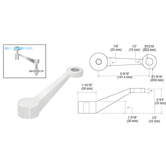 CRL stainless steel long-arm fitting PMH1LPS for single tempered glass panel, with technical drawing