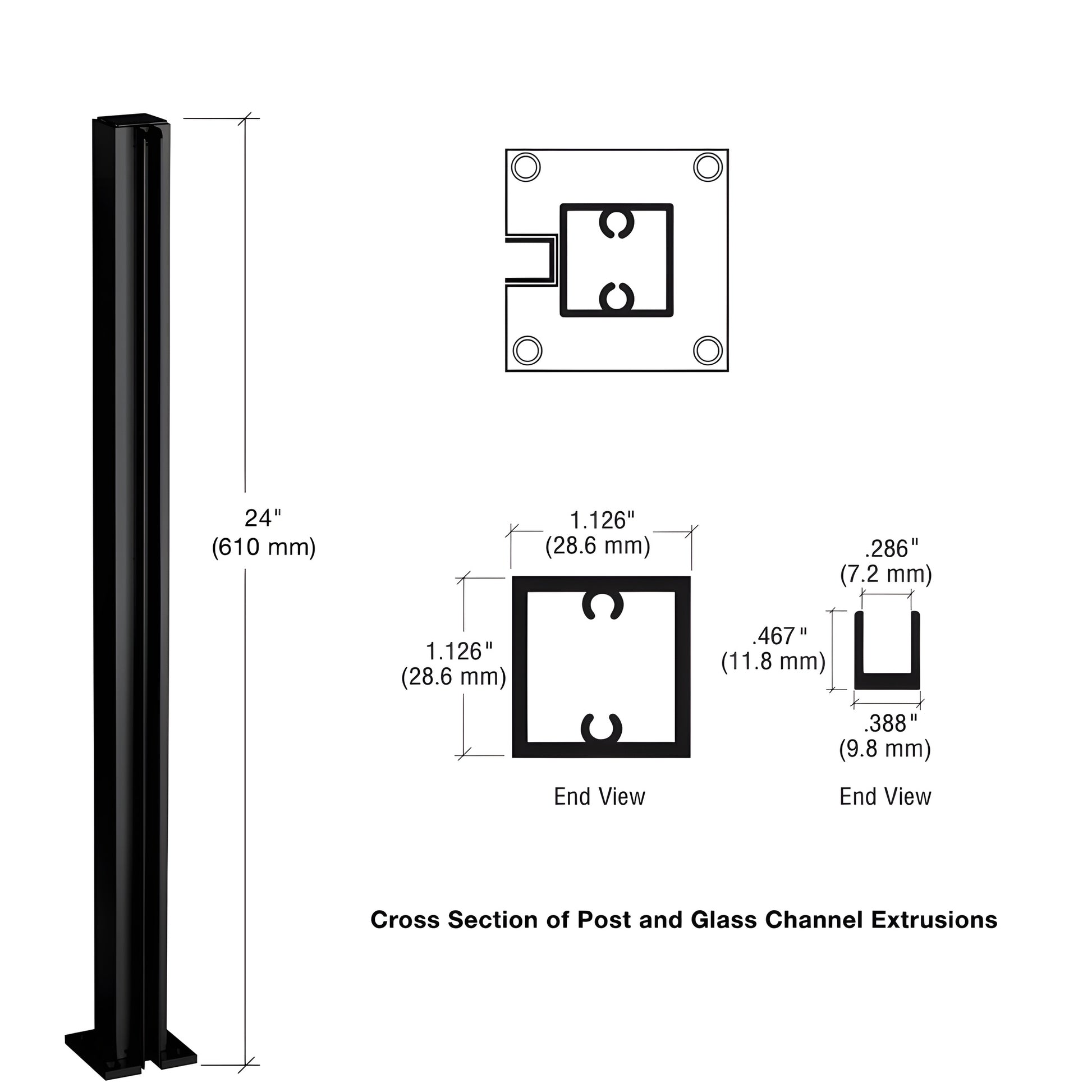 Matte black 24 in aluminum square end partition post with base, glazing channel for 1/4 in glass - SKU D990MBL24E