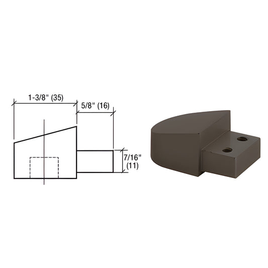 Offset pivot frame portion (SKU D06222), black bronze anodized block with two mounting holes and accompanying dimension drawi