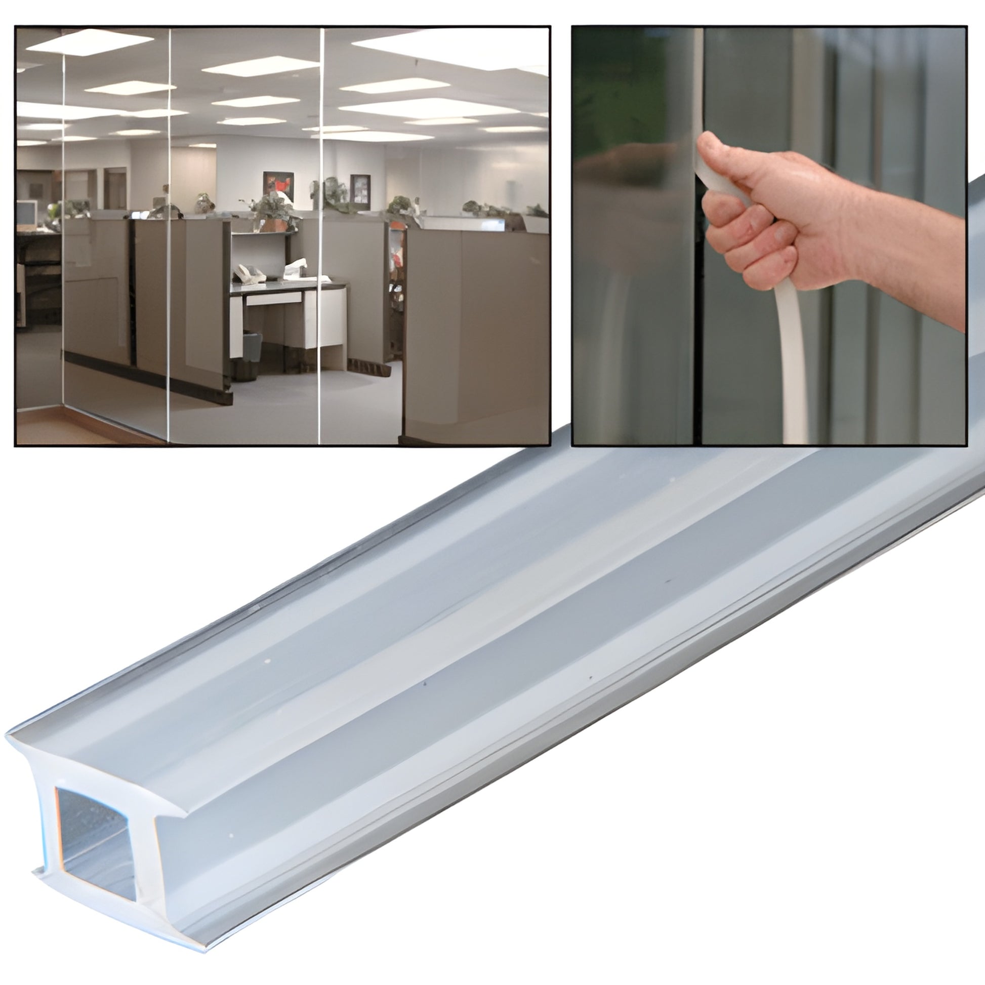 CRL EZ GLAZE EZ14XC clear silicone soundstrip gasket, profile and installed in glass-to-glass office partition (1/4" gap)