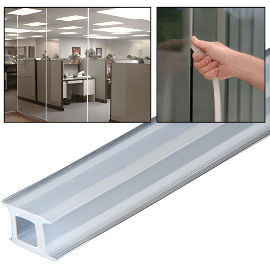 CRL EZ GLAZE EZ14XC clear silicone soundstrip gasket, profile and installed in glass-to-glass office partition (1/4" gap)