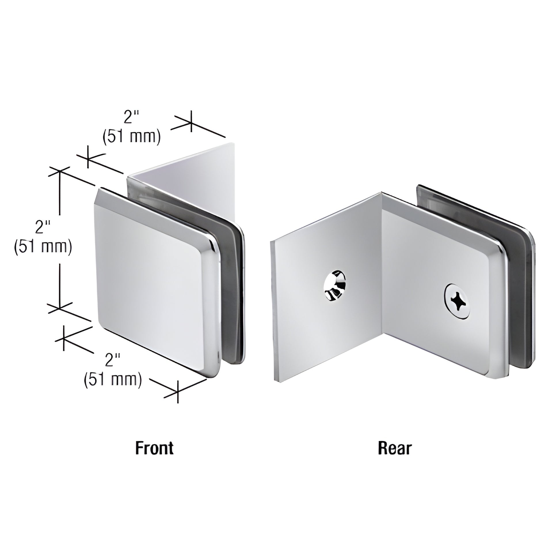 Polished chrome brass 90 fixed-panel beveled clamp BGC039CH for 3/8-1/2 tempered glass (front and rear views)