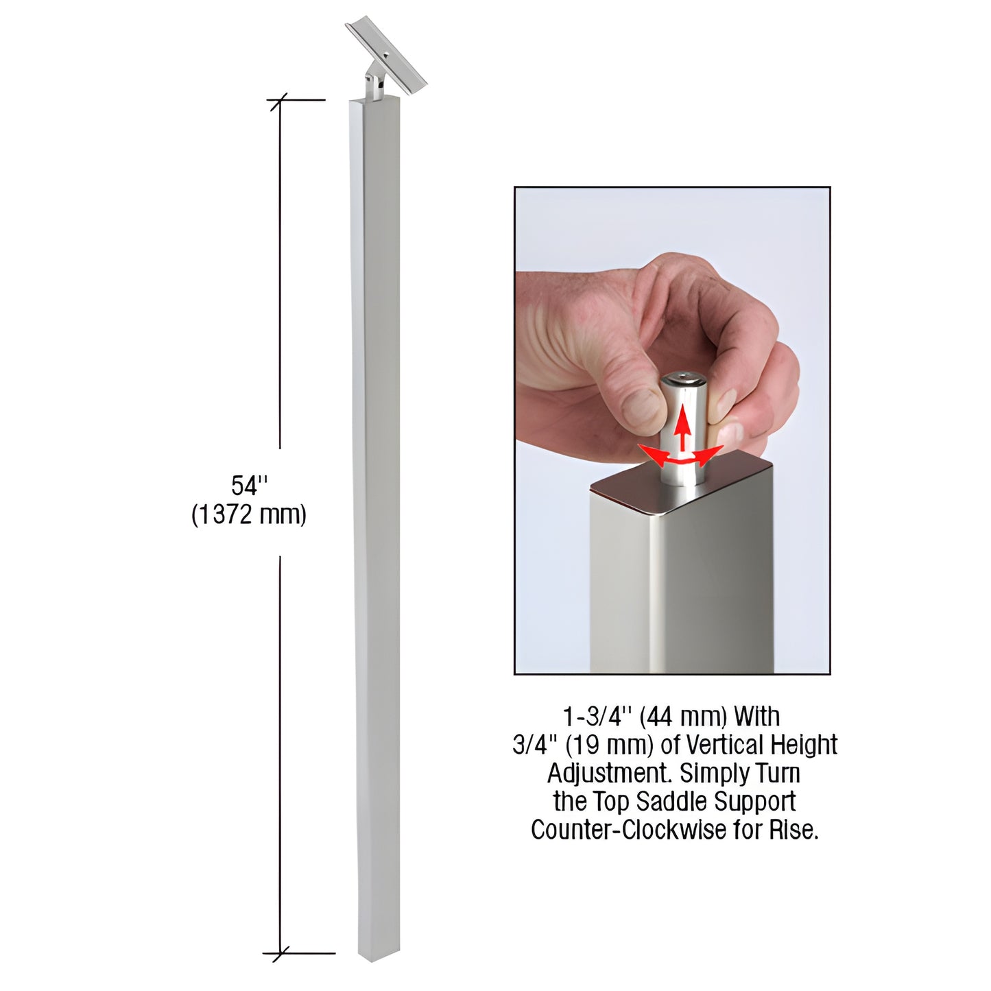 P9BPSBS stainless steel 1"x2" brushed rectangular blank post, 54" tall, adjustable top saddle for glass railing
