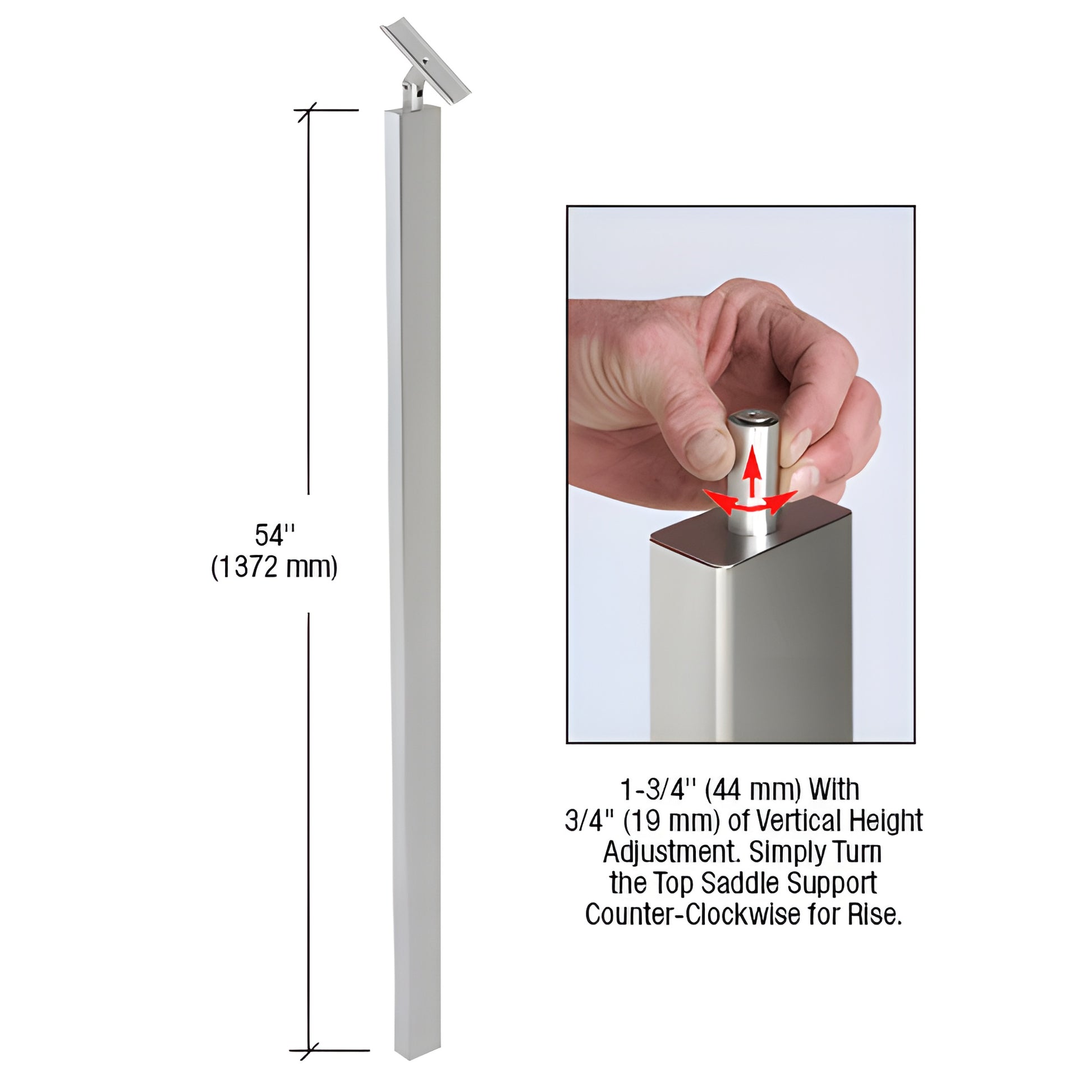 P9BPSBS stainless steel 1"x2" brushed rectangular blank post, 54" tall, adjustable top saddle for glass railing