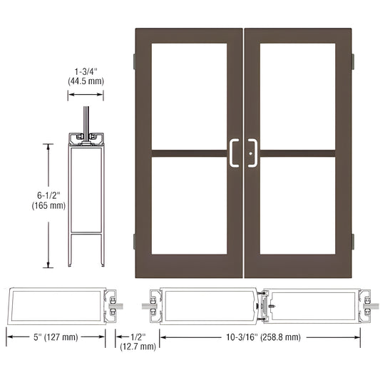 DZ52522 black bronze anodized wide stile commercial double glass entrance door, 5" stiles and 6.5" bottom rail.