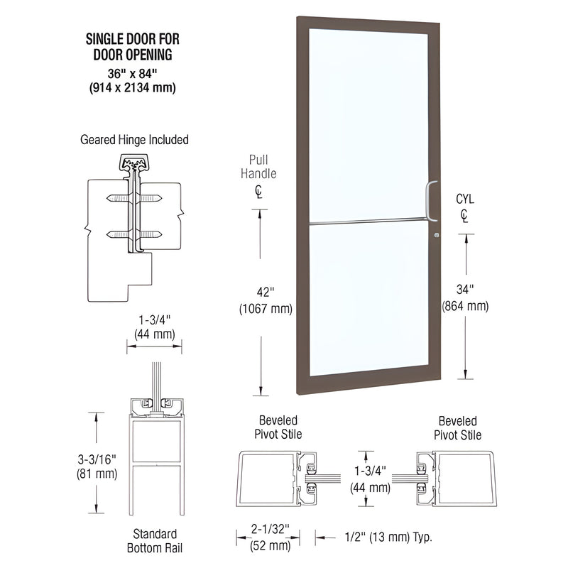 36x84 aluminum narrow-stile single door, black bronze anodized, left-latch geared hinge, for 1" glass. SKU 1DC21822R036
