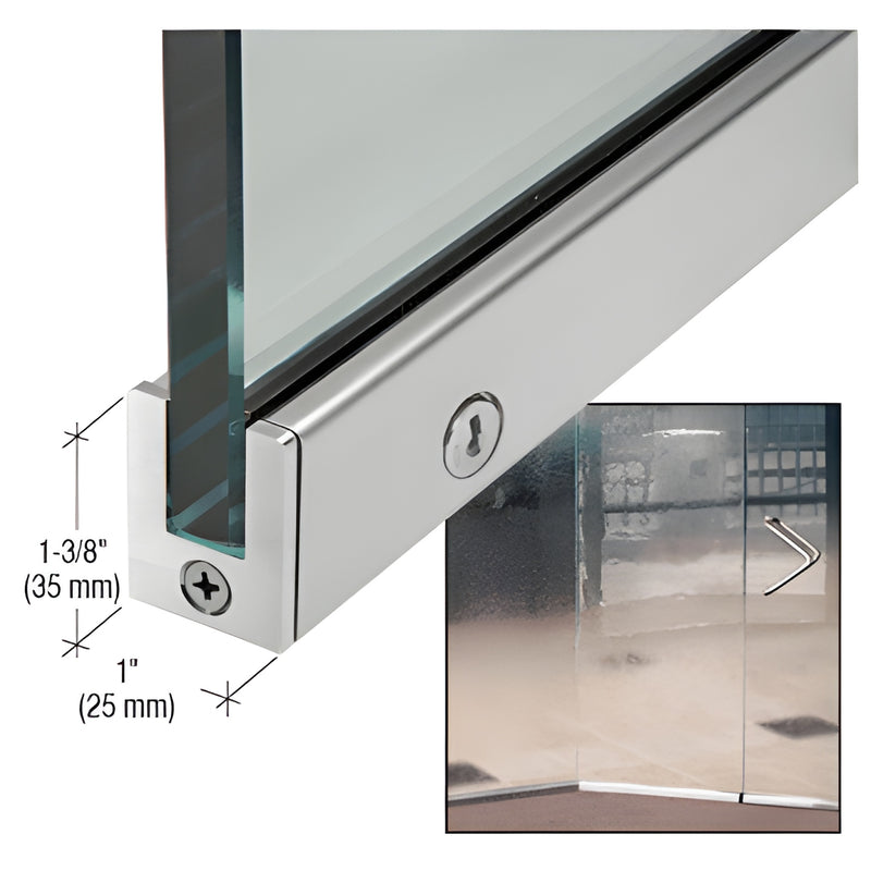 SP35BS12SR slender brushed stainless door rail for 1/2 in glass, 1 in wide x 1-3/8 in high, with cam lock.