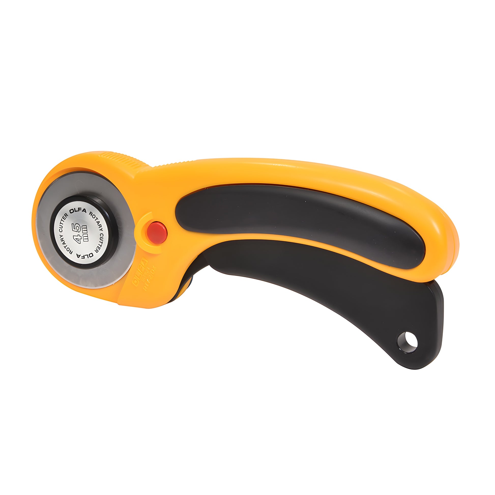 Olfa RT45 45mm ergonomic rotary cutter, orange/black handle, anti-slip grip, self-retracting blade