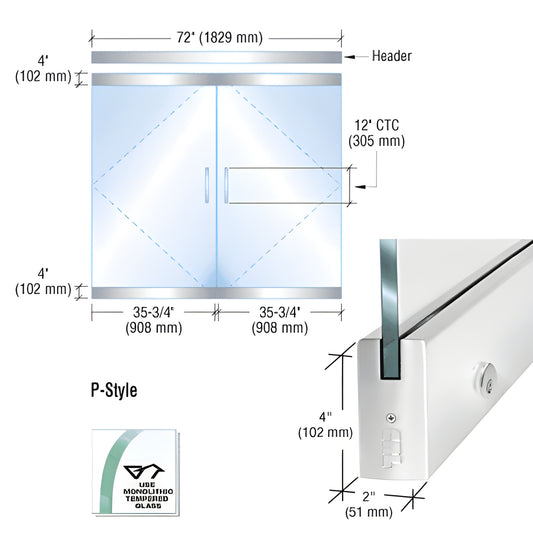 Diagram of P-Style frameless glass door kit SKU P4PS12DEL - pair with polished stainless rails and pulls for 1/2" (12mm) glas