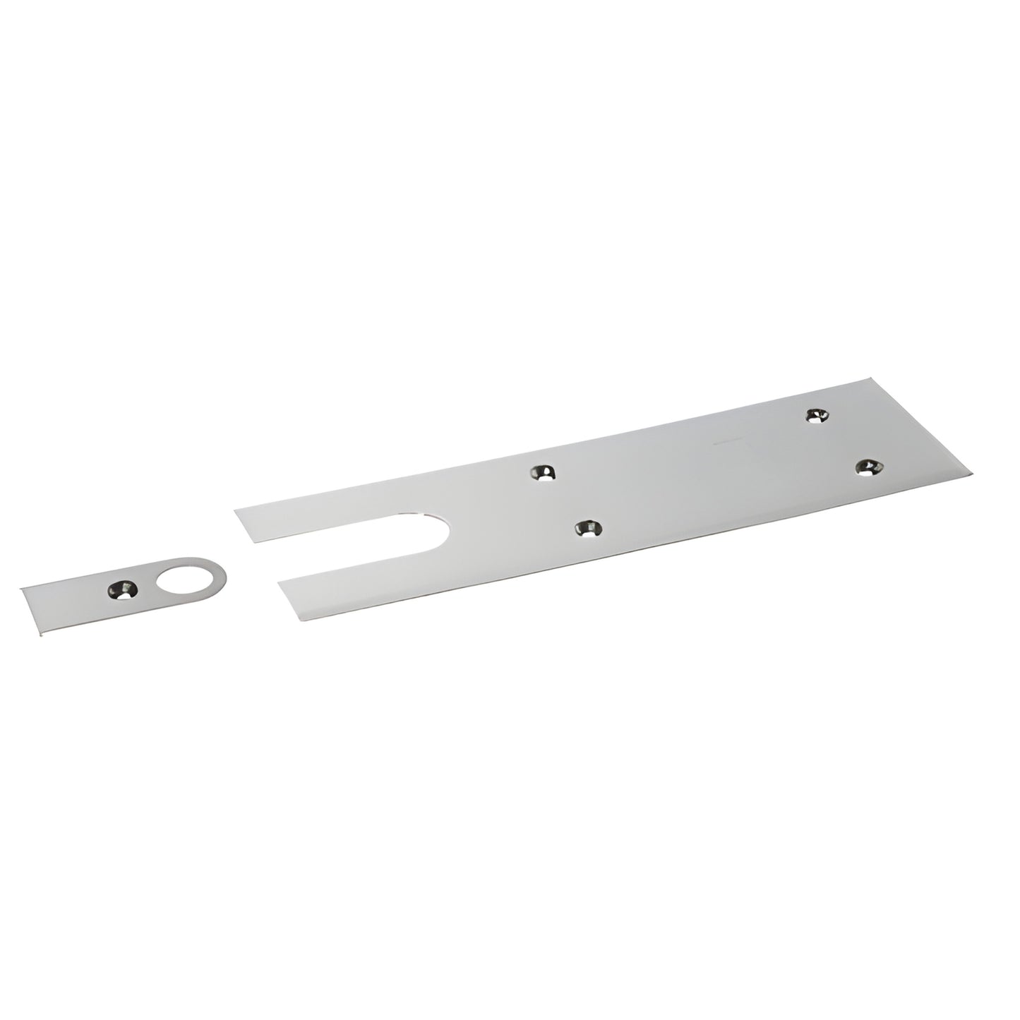 Polished stainless steel two-piece floor closer cover plate for 900 Series door closers, J7020CPPS, screw holes.