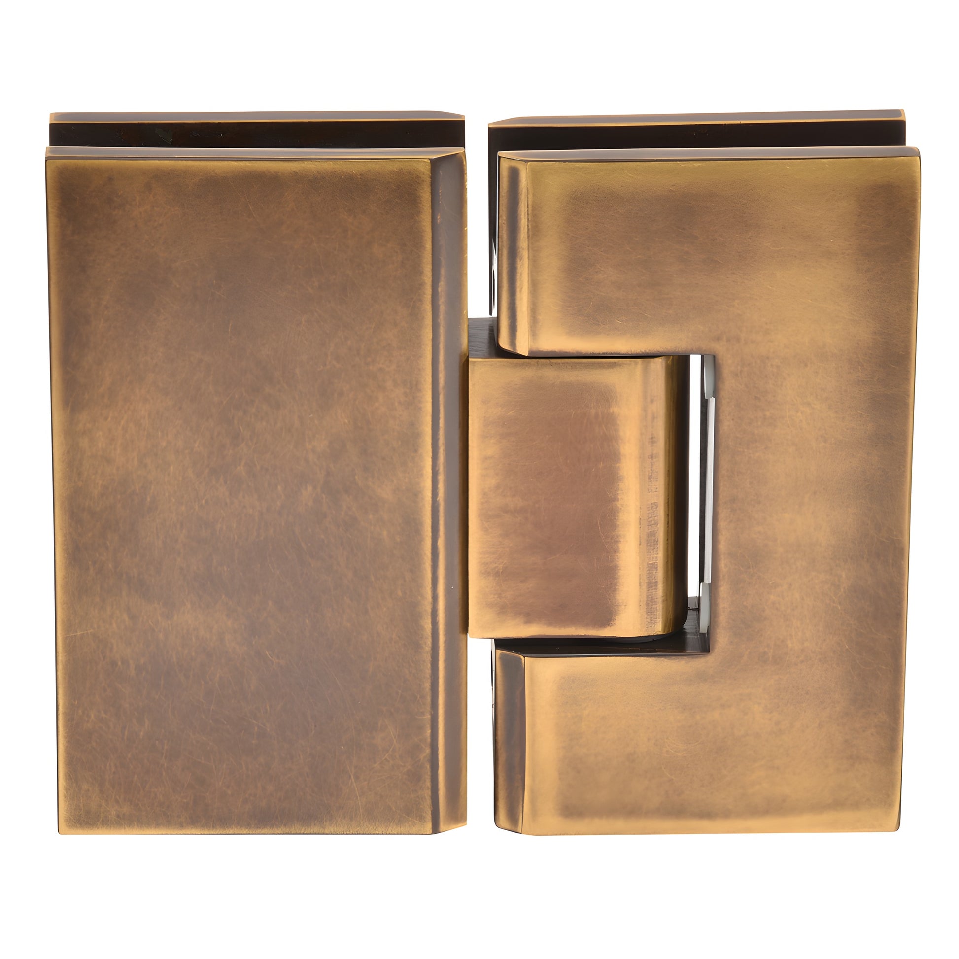 Vintage brass Vienna glass-to-glass shower hinge, square profile, fits 3/8-1/2" tempered glass (SKU V1E180VBR)