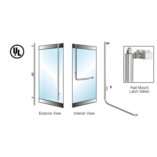 Brushed stainless tubular rail-mount glass door access handle (SKU BP100FS4RKBS), left-hand, fits 1/2" & 3/4" glass.
