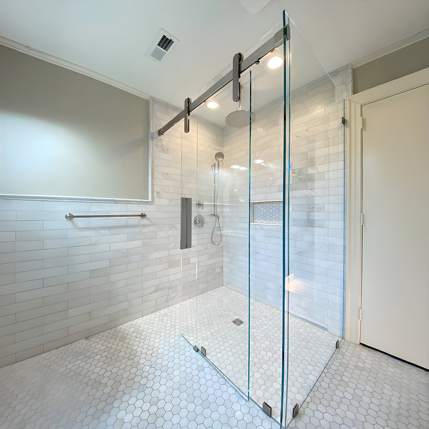 Brushed stainless Meridian frameless glass sliding door kit - roller and 96" track for 3/8-1/2" tempered glass (SKU LAT34MERB