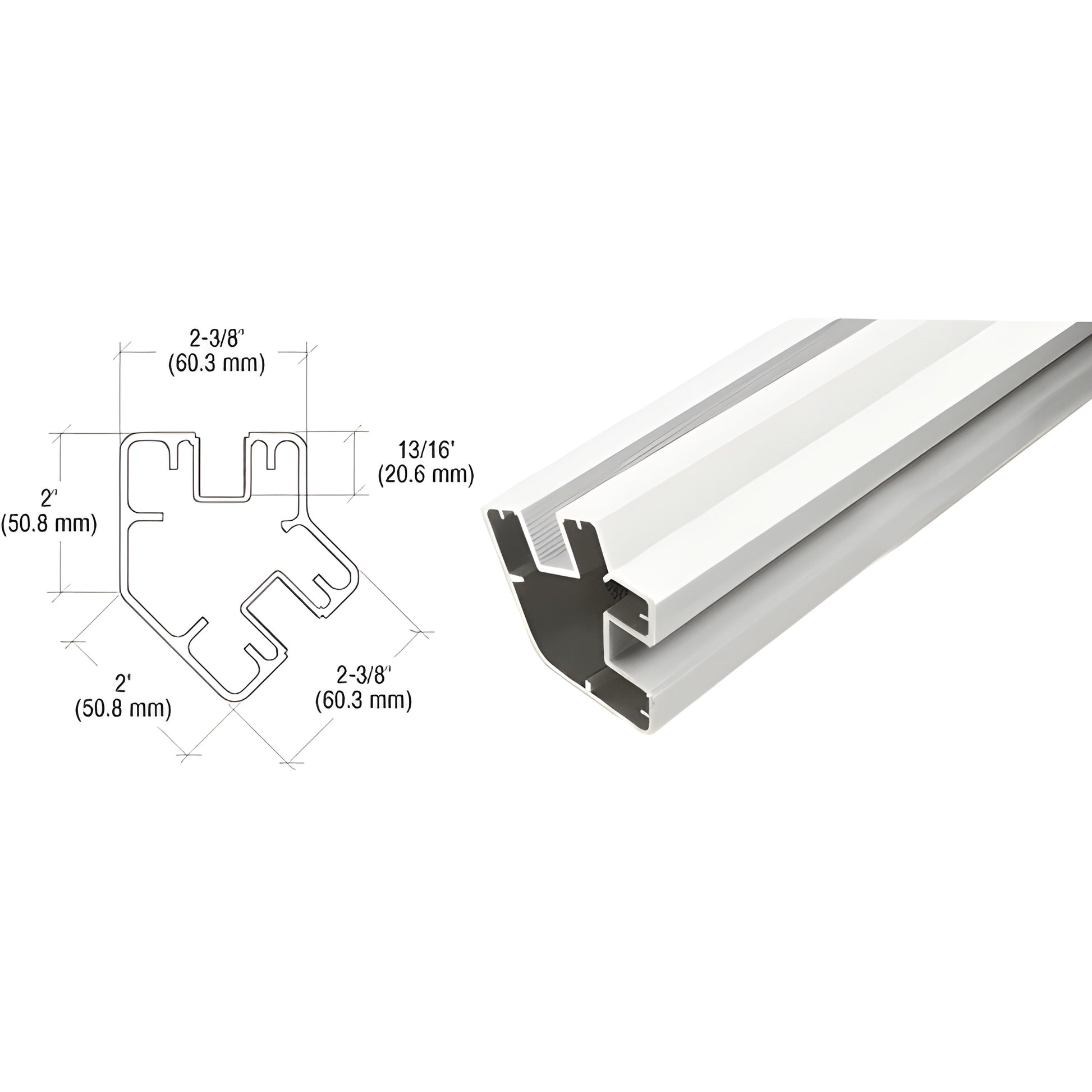SP572W sky-white aluminum rectangular windscreen post, angled profile with dimensional CAD sketch (72" length).