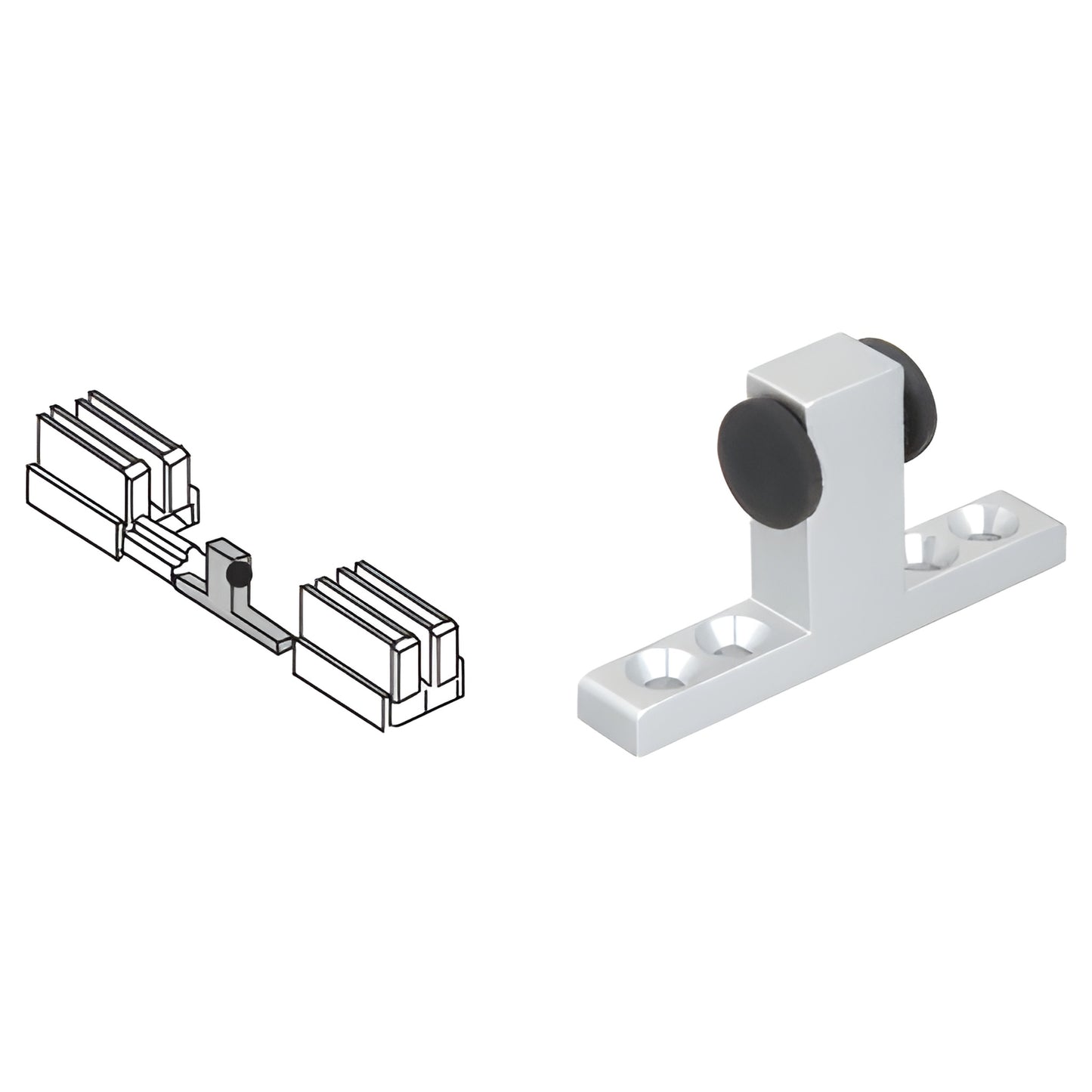 D57A two-way stop (satin anodized) for D601 lower track - T-shaped metal stop with rubber pads, shown with installation diagr
