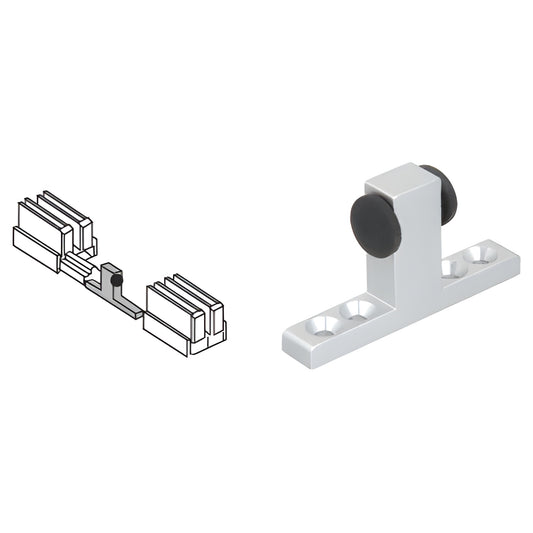 D57A two-way stop (satin anodized) for D601 lower track - T-shaped metal stop with rubber pads, shown with installation diagr