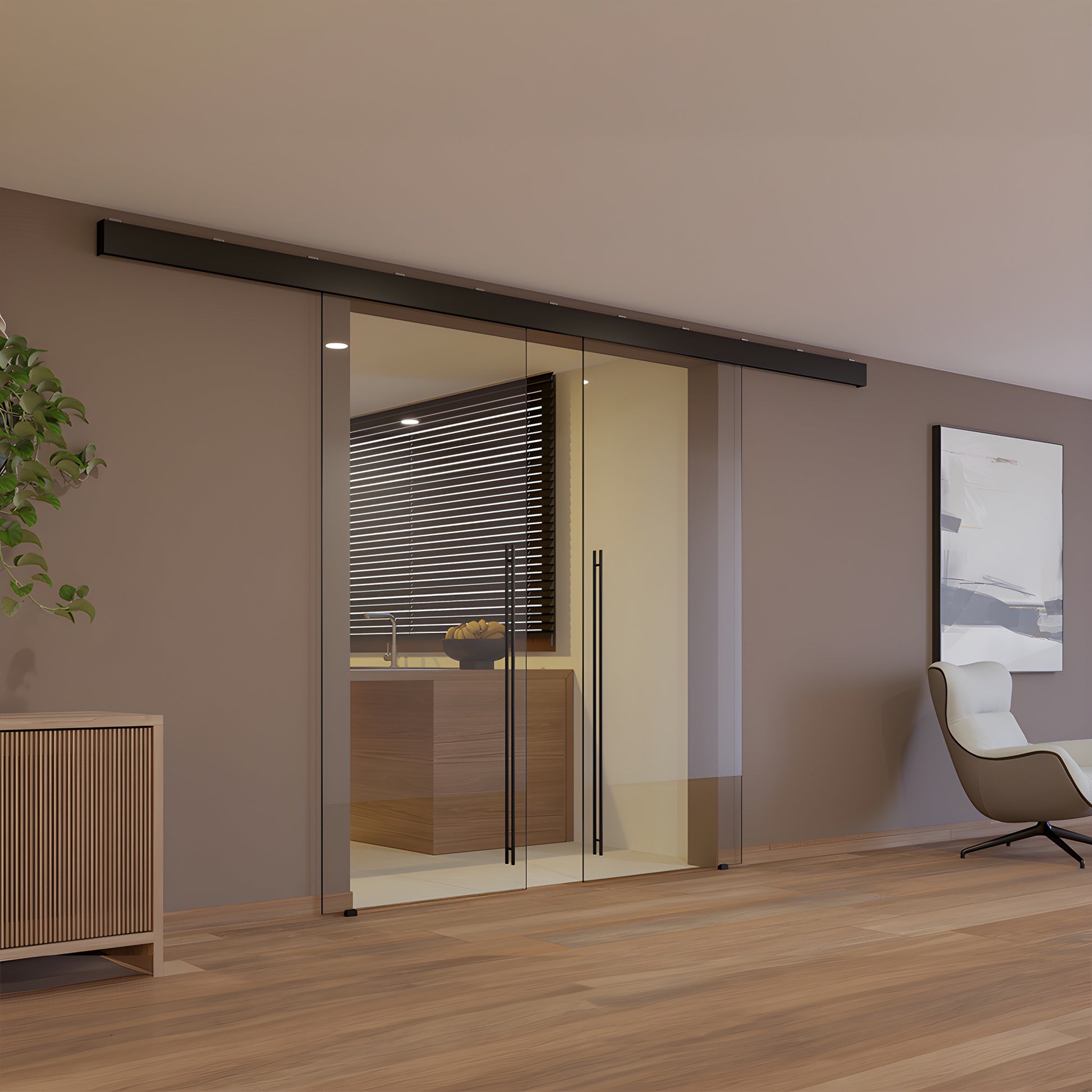 CRL50S2MBL matte-black top track for synchronized bi-parting tempered glass doors with two sliding panels.