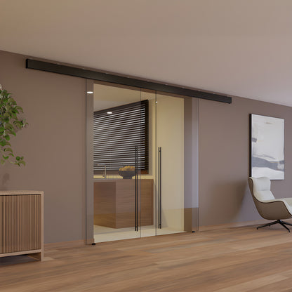 CRL50S2MBL matte-black top track for synchronized bi-parting tempered glass doors with two sliding panels.