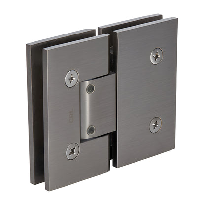 Brushed nickel Vienna adjustable glass-to-glass shower hinge, squared brass design for 3/8-1/2" glass (SKU V1E380BN)