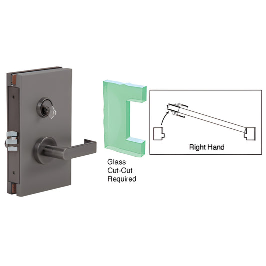 CRL DL610RMDU 6"x10" black-bronze center lock with lever and key cylinder, shown with 1/2" glass cutout template, right-hand