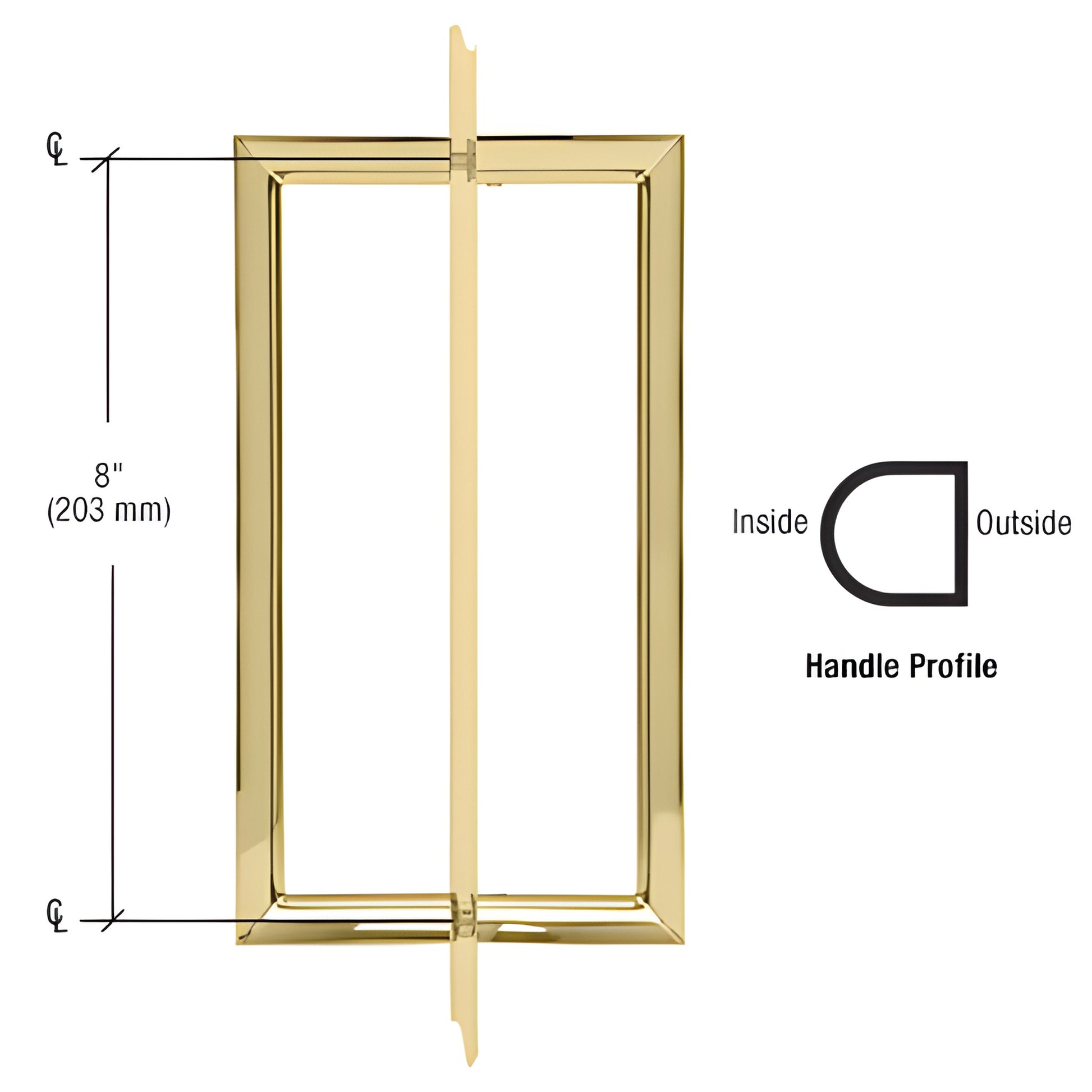 Unlacquered brass RM back-to-back rectangular shower pull handle, half-round inner grip, 8" center spacing.