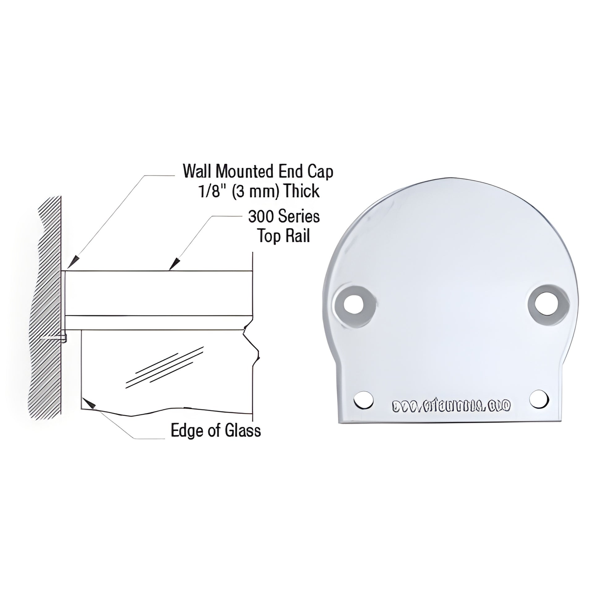 Clear anodized aluminum 300 Series wall-mounted top rail end cap, countersunk holes. SKU 3WECCA