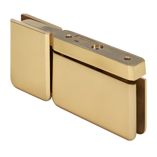 Satin brass beveled Prima pivot hinge for 8-10mm tempered glass shower doors, self-centering, head & sill mount.