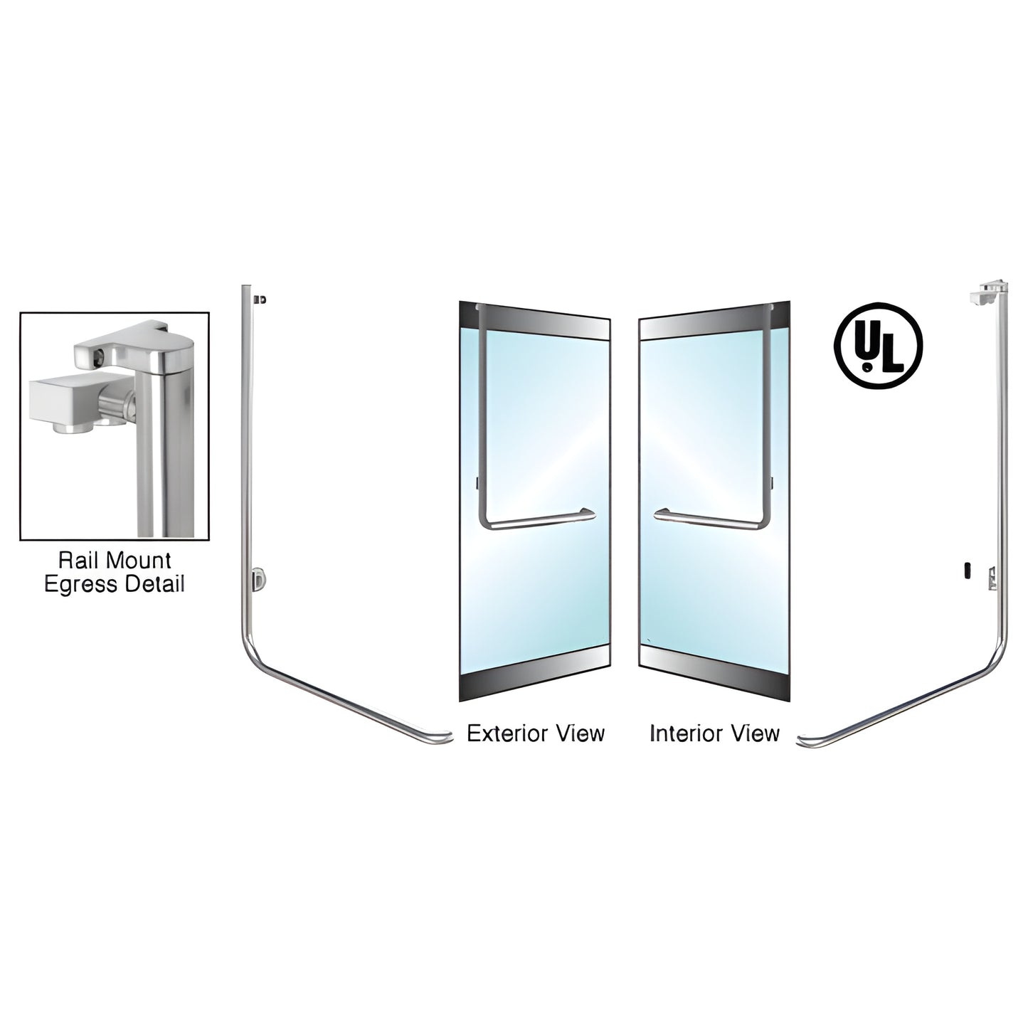 EG100D5RKBS brushed stainless electronic egress rail-mount handle for 1/2" glass doors, right-hand, 1-1/4" dia (UL)