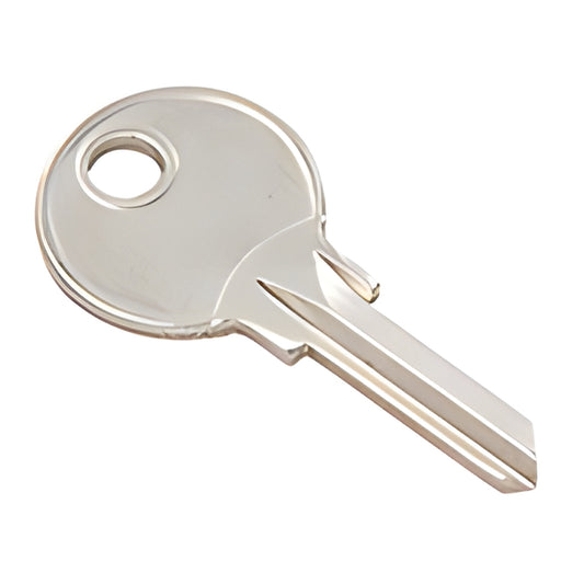 Blank metal key (SKU BKEY), shiny single-side cut key blank for CRL plunger/thru-glass locks.