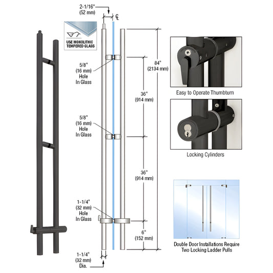 LLPUA84MBL matte black 84 in upward-locking ladder pull for tempered glass doors with concealed ceiling deadbolt, thumbturn