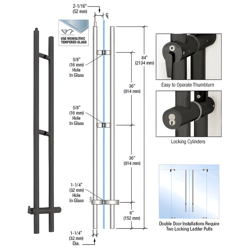 LLPUA84MBL matte black 84 in upward-locking ladder pull for tempered glass doors with concealed ceiling deadbolt, thumbturn