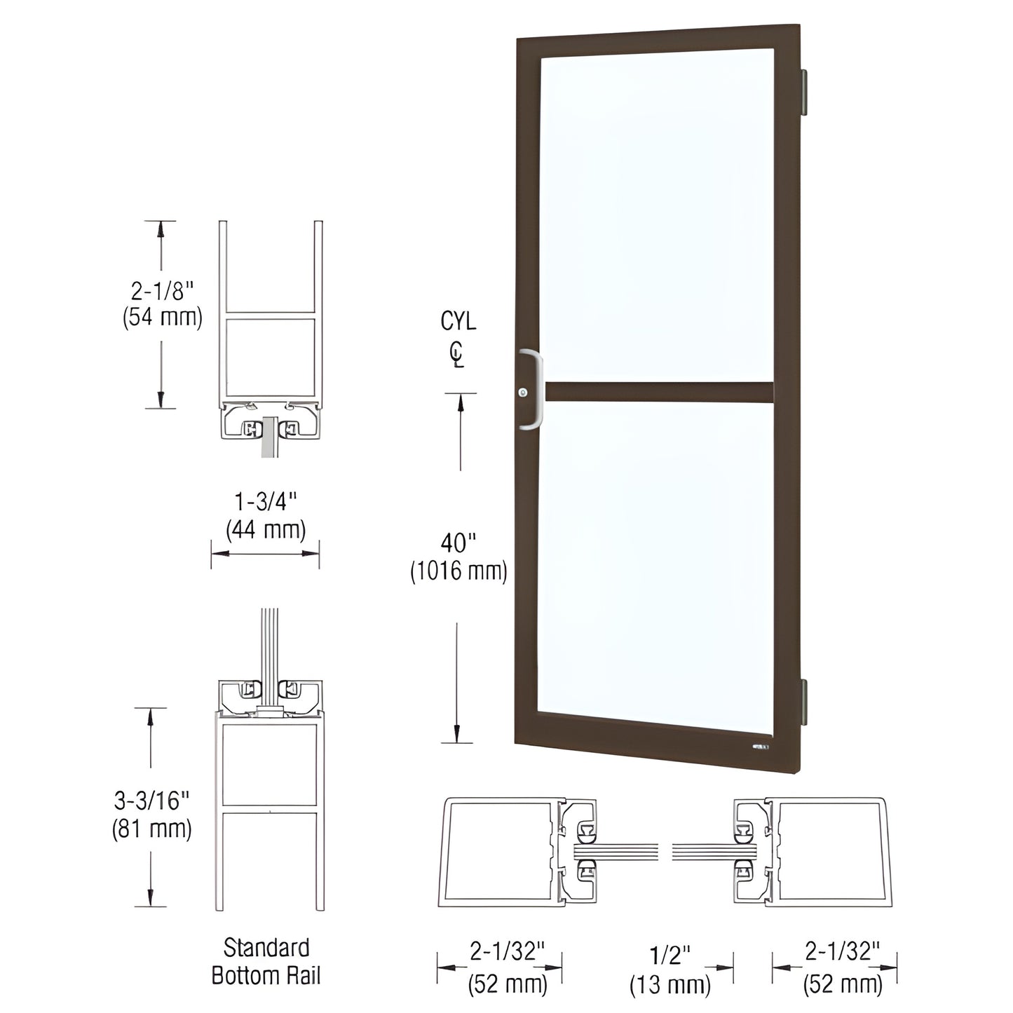 Black bronze anodized narrow-stile aluminum butt-hung entrance door with 1/4" clear glass, offset pull and panic device - SKU