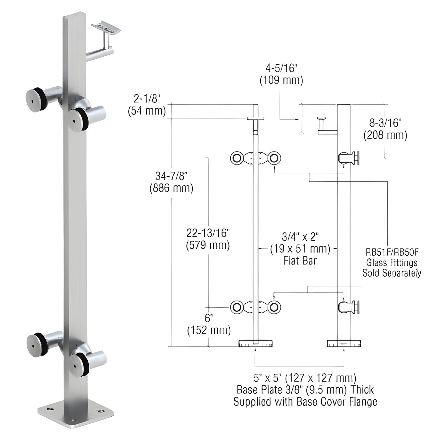 P336CBS: brushed stainless steel surface-mounted glass railing post with 5x5 base plate; fits 1/2-1" glass panels.
