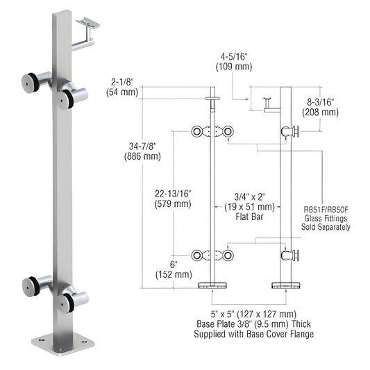 P336CBS: brushed stainless steel surface-mounted glass railing post with 5x5 base plate; fits 1/2-1" glass panels.
