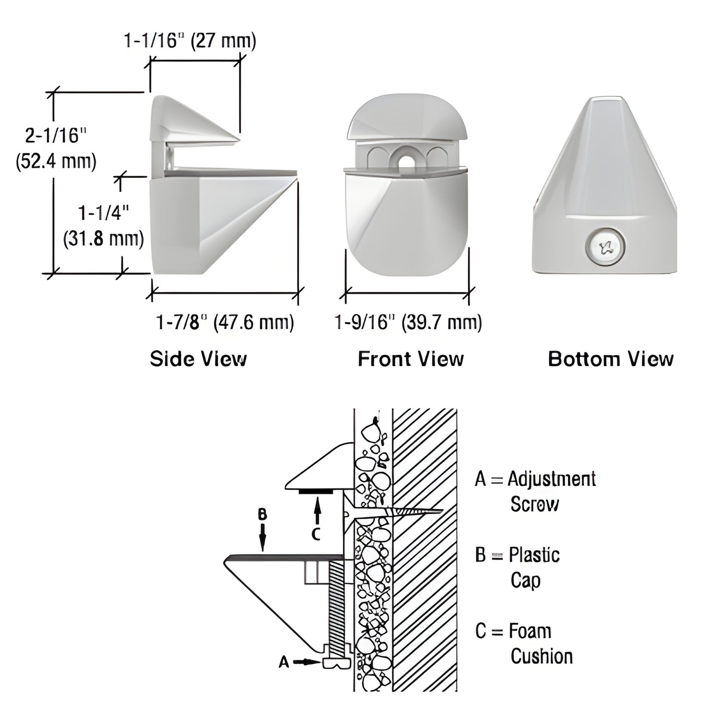 Satin chrome zinc adjustable shelf clamp DL631SC, side/front/bottom views with dimensions and installation diagram