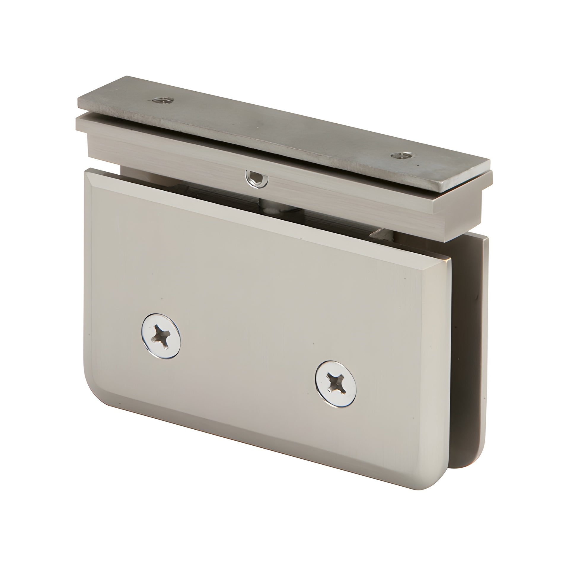 Brushed nickel brass Prima pivot hinge for 8-10mm frameless shower glass, top-mount EZ-Adjust header, SKU PPH06BN
