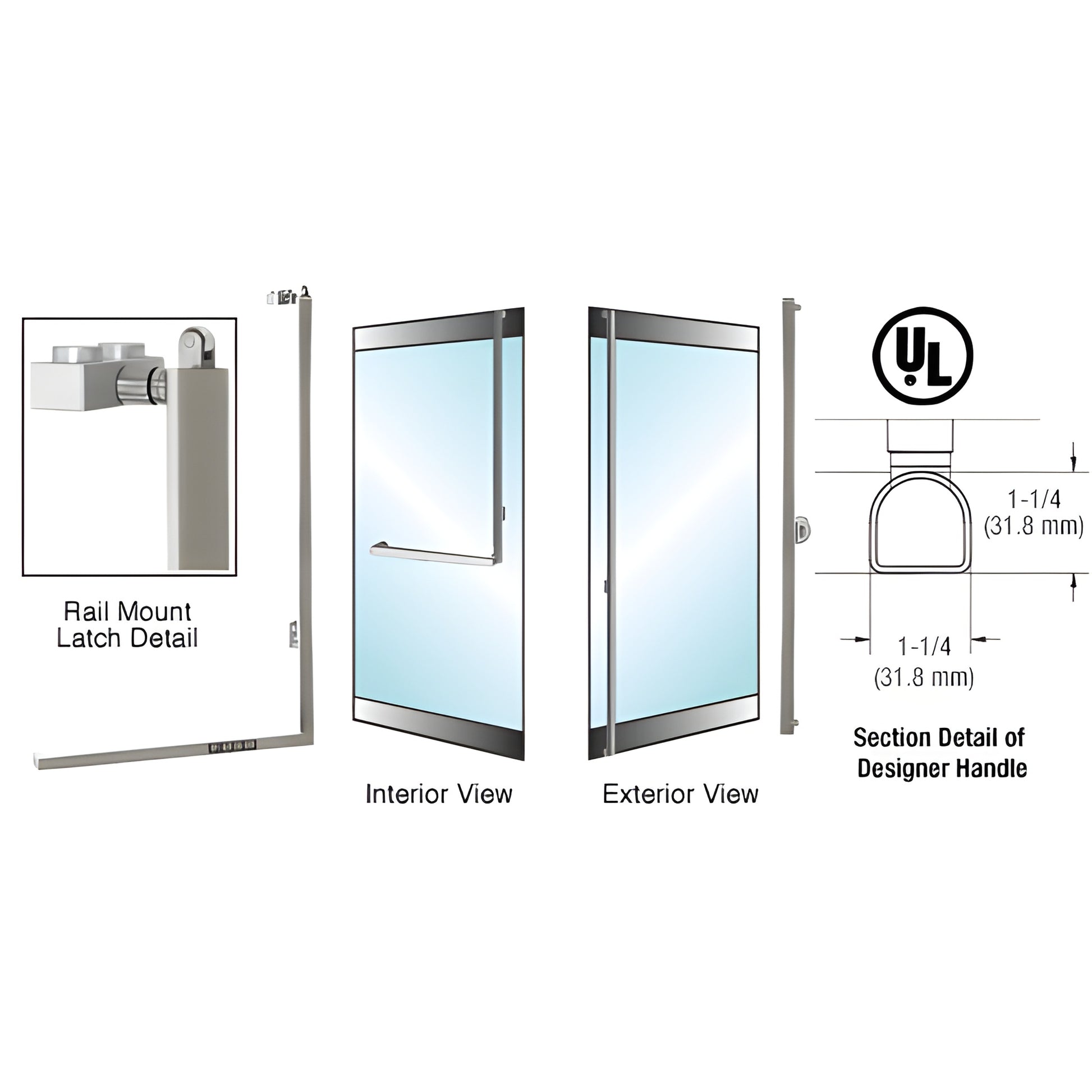 Brushed stainless 1-1/4 in D shape rail mount panic handle for 1/2-3/4 in tempered glass doors, SKU DPA100F3RKBS