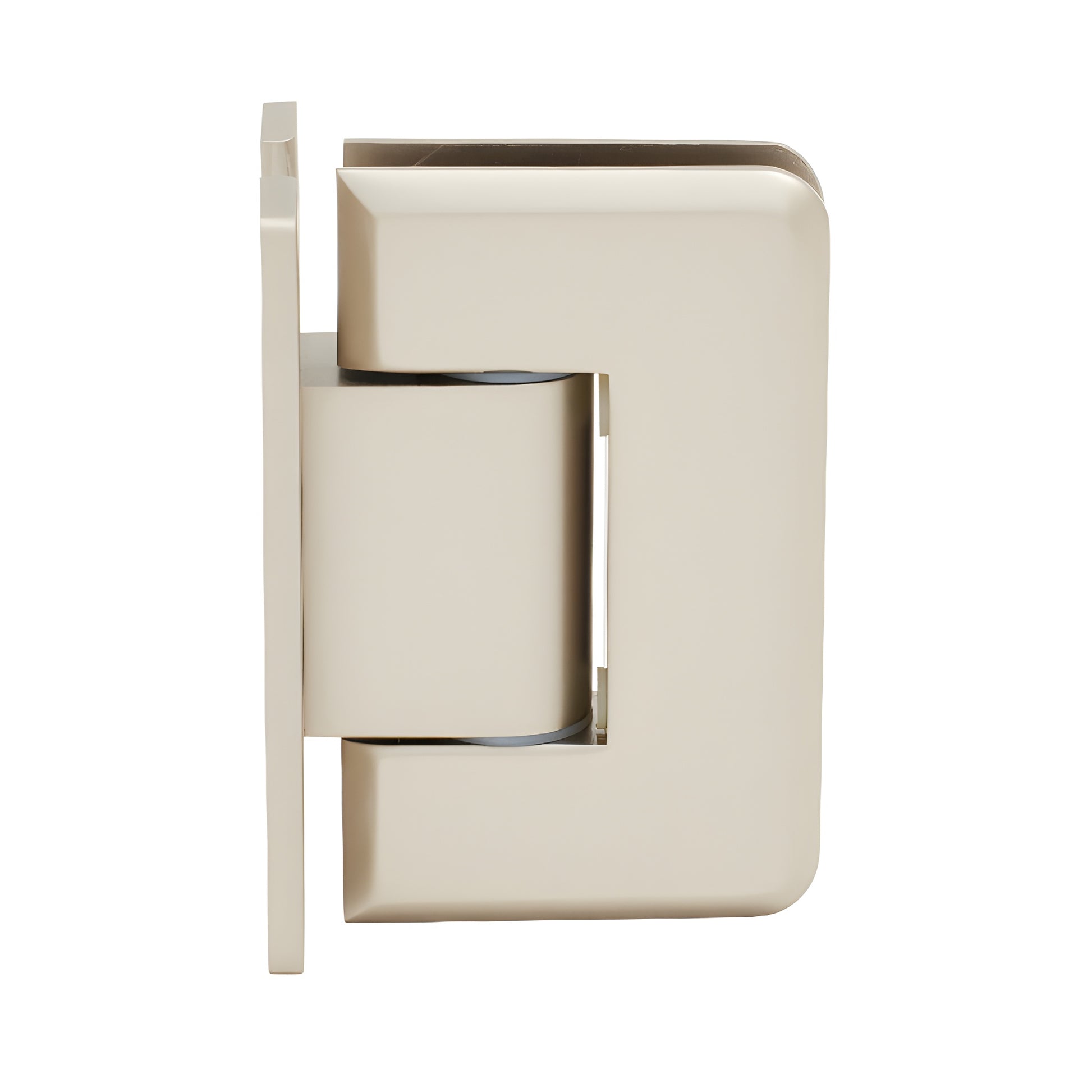 Satin nickel Pinnacle adjustable glass hinge (wall-mount H back plate), brass, for 8-12mm tempered glass - SKU P1N337SN