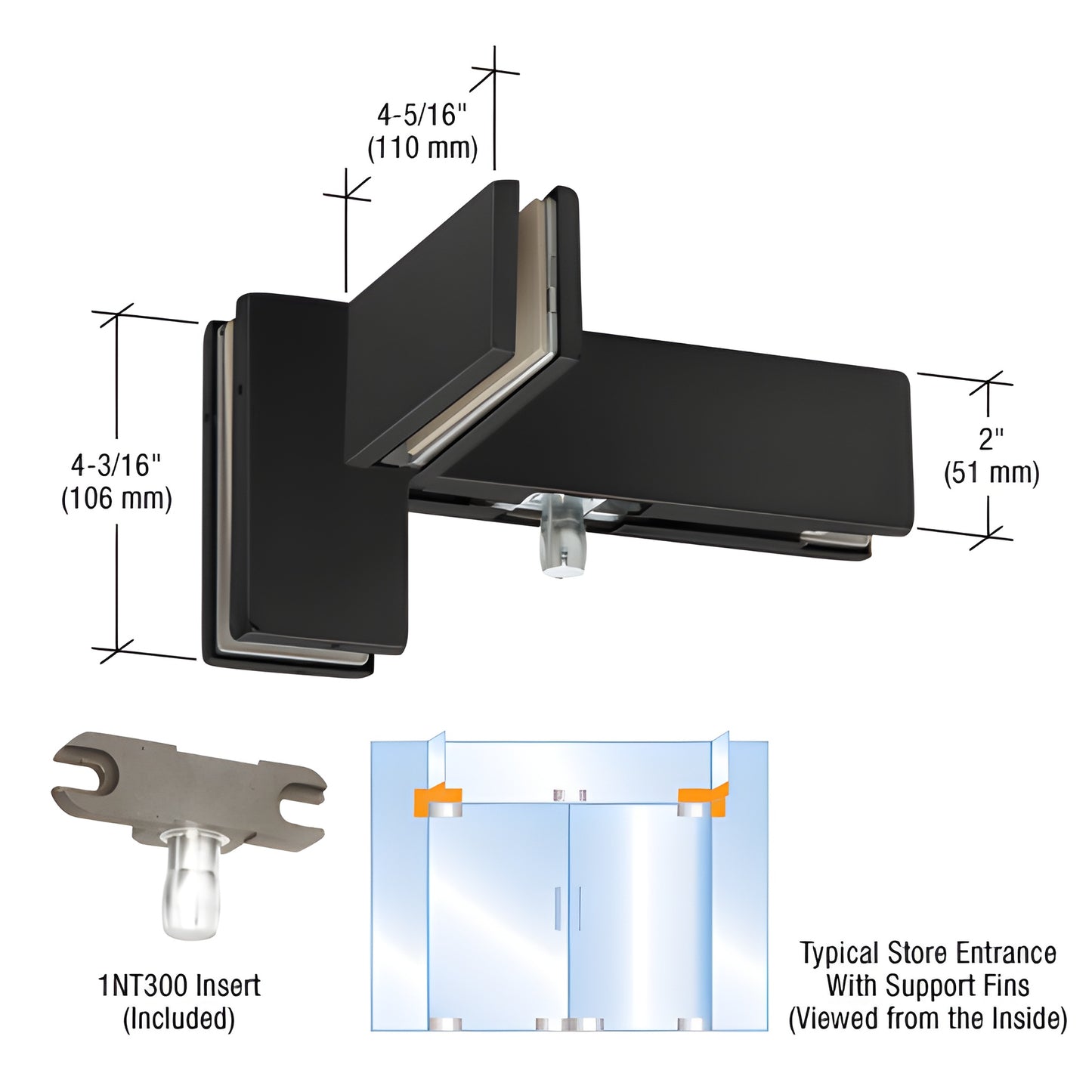 Matte black DORMAKABA sidelite transom patch fitting for 3/4" (19 mm) tempered glass, right-hand, includes support fin bracke