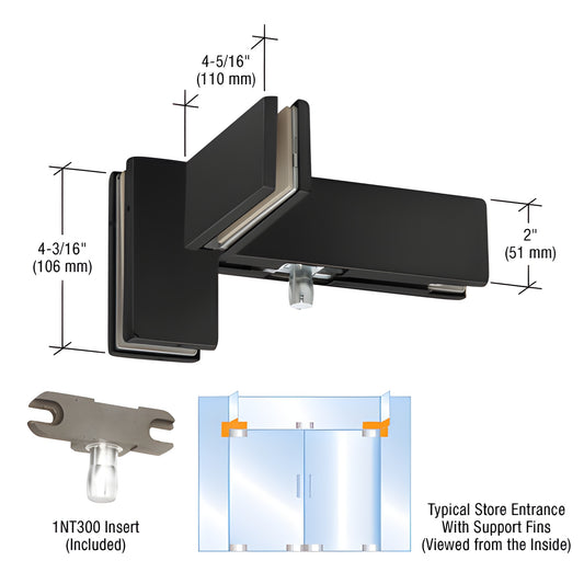 Matte black DORMAKABA sidelite transom patch fitting for 3/4" (19 mm) tempered glass, right-hand, includes support fin bracke