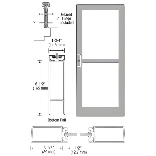 Medium stile clear anodized entrance door (SKU DZ41811) with 6-1/2" bottom rail, 3-1/2" stiles and glass panels.