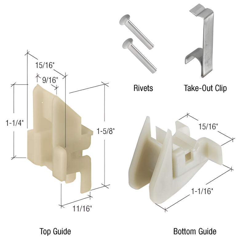 FS293B window channel balance repair kit: tan top and bottom plastic guides, two rivets and metal take-out clip.