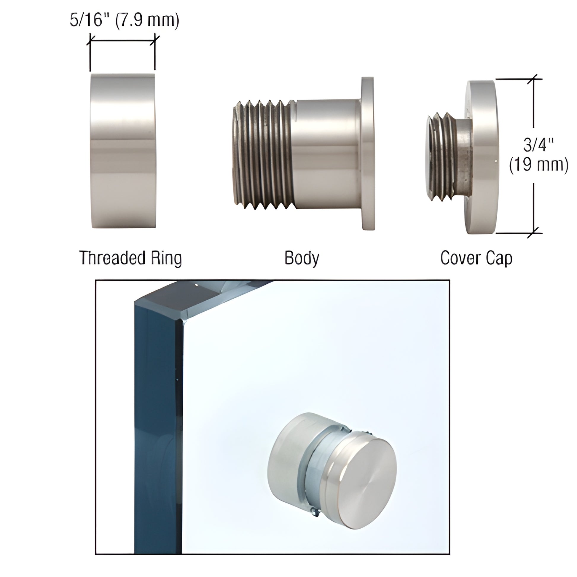 Brushed 316 stainless steel panel-mount standoff (SKU S0PMBS) for 8-10mm glass/sign panels, 3/4" diameter.