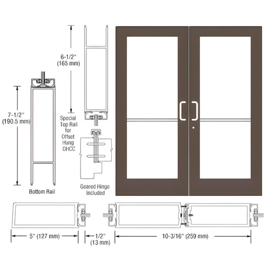HE52922 black bronze anodized wide-stile double entrance door with glass, 5 in stiles, 7-1/2 in bottom rail, offset pivots.