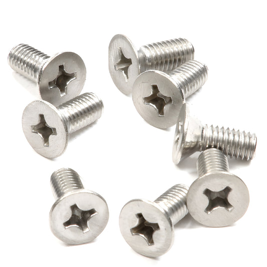 Eight M6 x15mm flat-head Phillips stainless steel (brushed nickel) shower door hinge replacement screws, SKU P615BN